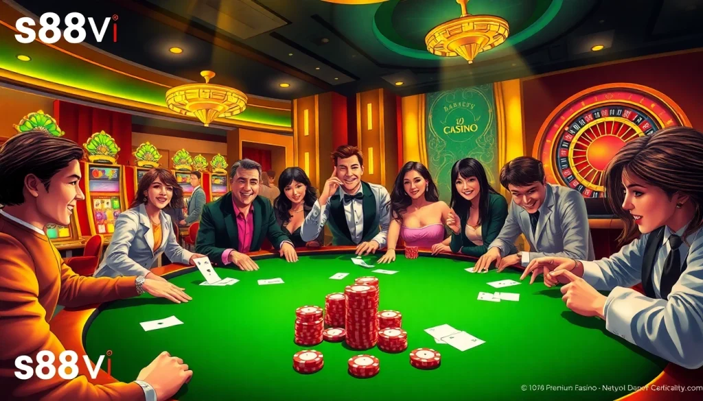 Players enjoying a high-stakes poker game at the stylish s88vip casino, surrounded by vibrant slot machines.