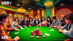 Players enjoying a high-stakes poker game at the stylish s88vip casino, surrounded by vibrant slot machines.