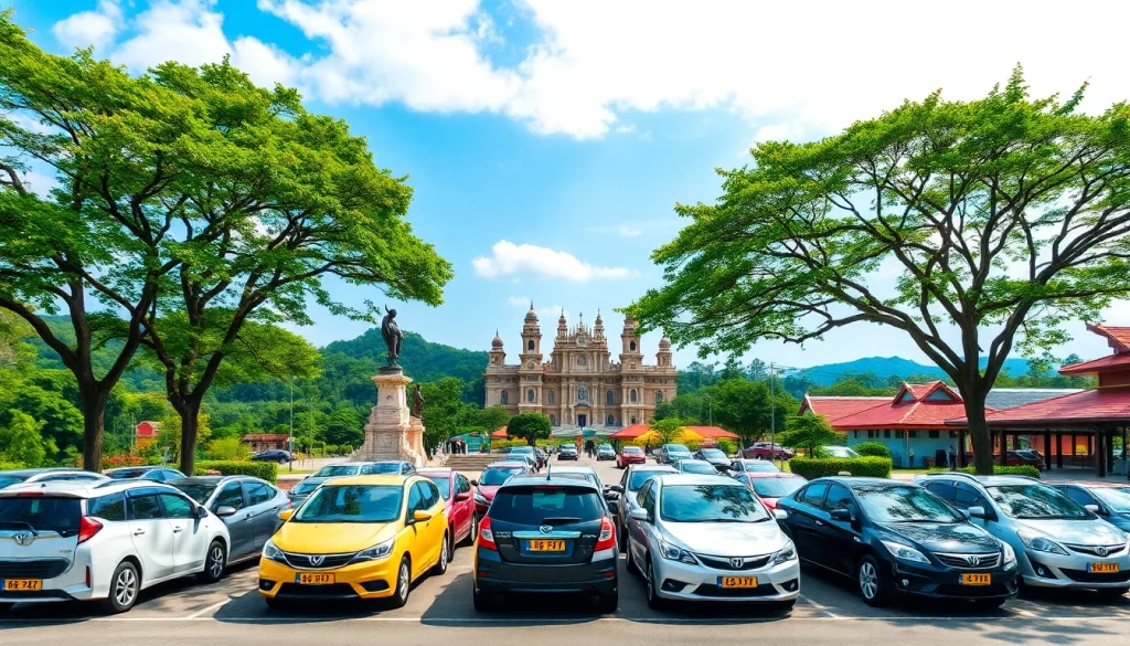 Kuching rent a car with diverse vehicles, scenic landscapes, and cultural landmarks.