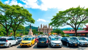 Kuching rent a car with diverse vehicles, scenic landscapes, and cultural landmarks.