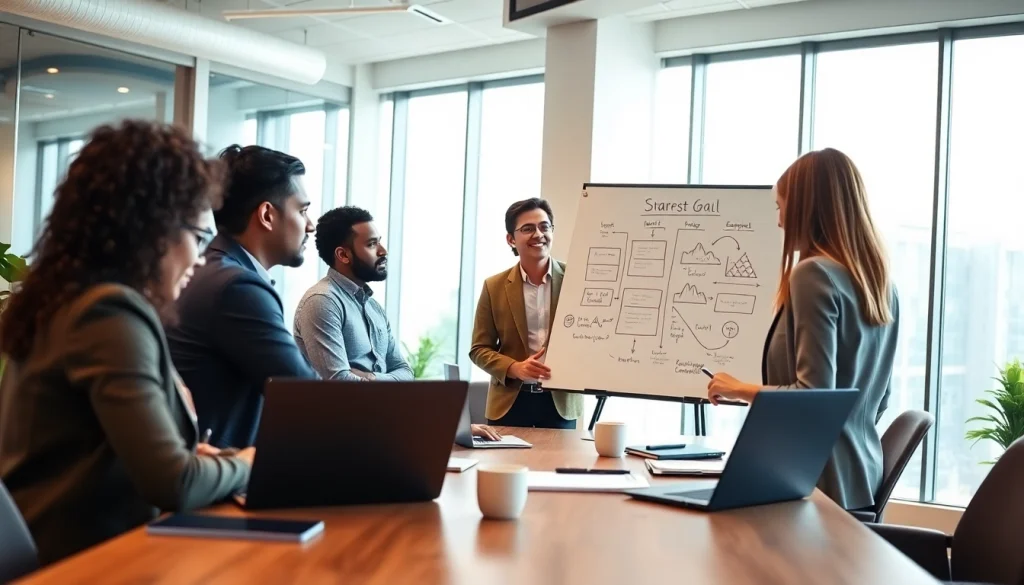 Engaged business coach near me facilitates a strategy session with entrepreneurs in a bright office.