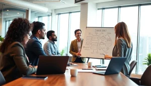 Engaged business coach near me facilitates a strategy session with entrepreneurs in a bright office.