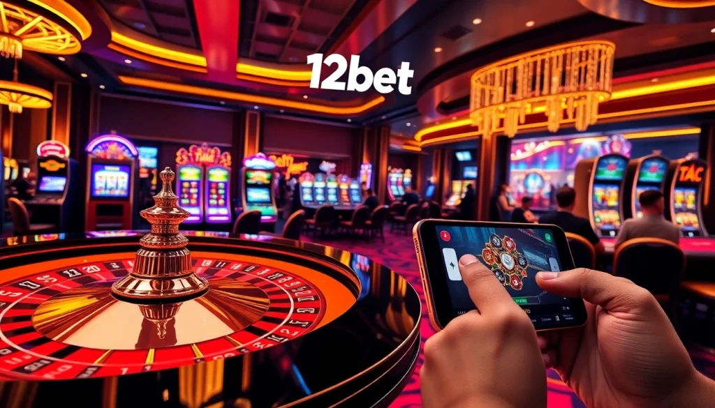 Players engage in thrilling games at 12bet casino, celebrating vibrant slot machines and roulette.