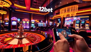 Players engage in thrilling games at 12bet casino, celebrating vibrant slot machines and roulette.