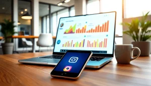 Illustrate Instagram smm panel in a digital marketing workspace with analytics and social media elements.