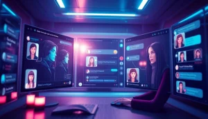 Engaging AI chat porn scene showcasing futuristic digital interactions with intimate AI characters in a cozy setting.