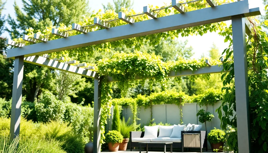 Beautify your outdoor area with a modern steel pergola featuring sleek design and lush greenery.