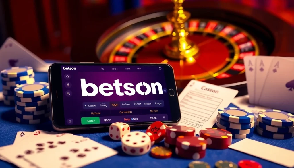 Betsson Download on smartphone amidst vibrant casino elements like cards and dice.