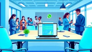Illustration explaining What is a CRM for WhatsApp with a team collaborating over technology.