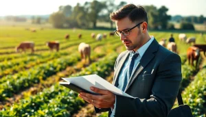 Examine agriculture law with a focused lawyer in a lively farm backdrop, highlighting legal complexities.