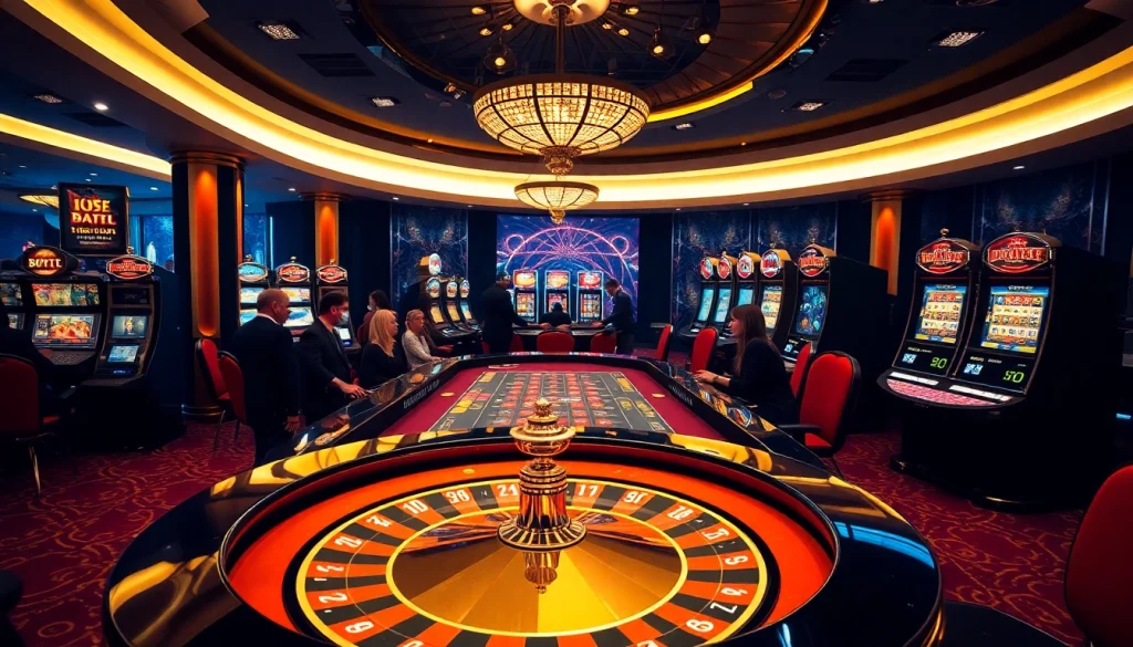 Players enjoy gaming action at Bugatti8's luxury casino, featuring vibrant tables and stunning visuals.