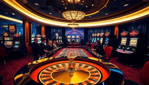 Players enjoy gaming action at Bugatti8's luxury casino, featuring vibrant tables and stunning visuals.