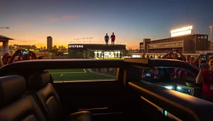 World Cup Group Transportation in a luxury limousine awaits excited fans outside a stadium in Los Angeles.