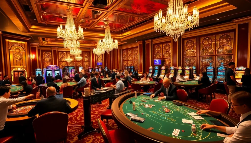 An exciting scene of players at nhà cái Jun88 engaging with casino tables, slots, and poker, capturing the thrill of gambling.