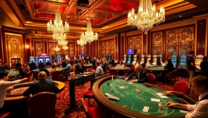 An exciting scene of players at nhà cái Jun88 engaging with casino tables, slots, and poker, capturing the thrill of gambling.