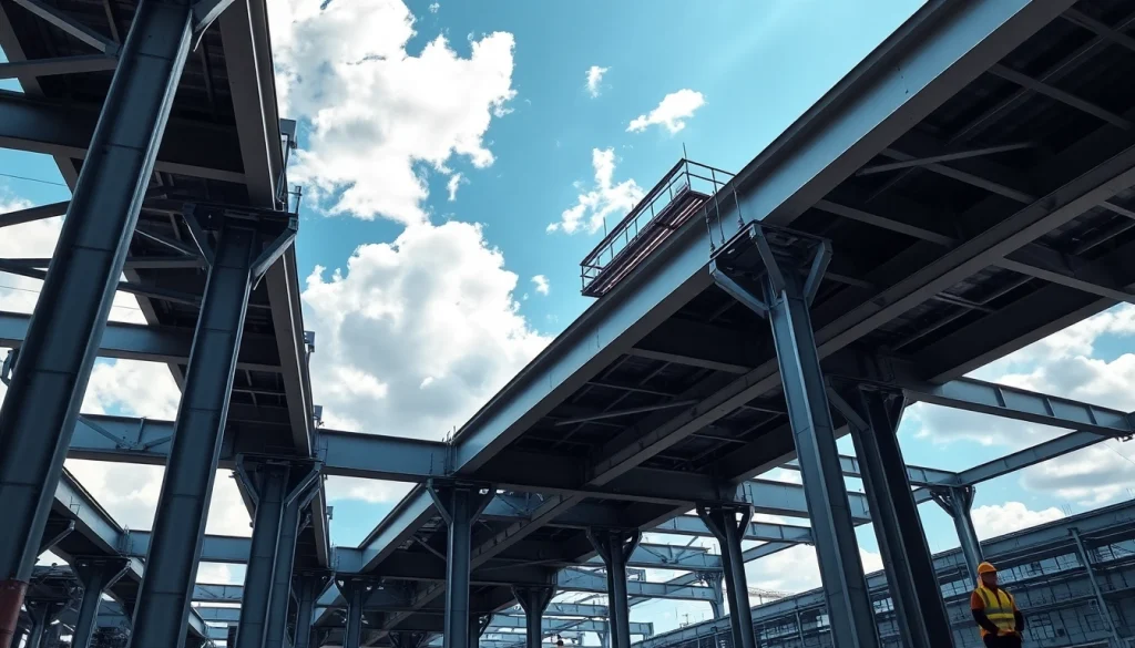 Showcase of steel structure design emphasizing modern engineering with beams and columns.