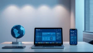 快连VPN interface on multiple devices in a modern workspace, showcasing global connectivity and security.