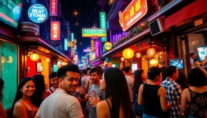 Experience the vibrant 베트남밤문화 with a lively street scene filled with neon lights, bars, and happy crowds.