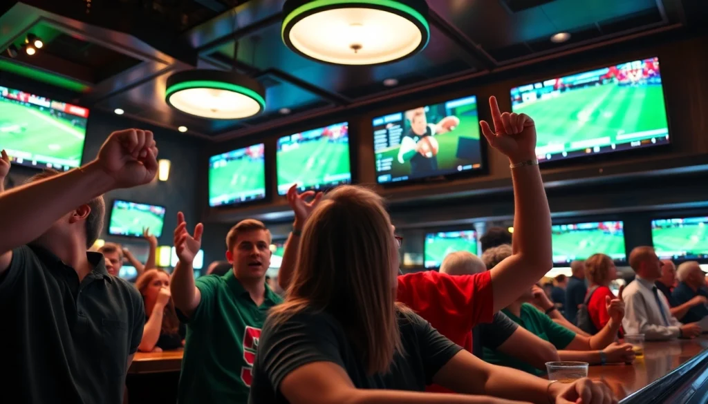 Engaged fans enjoying sports betting in Nova Scotia at a lively sports bar