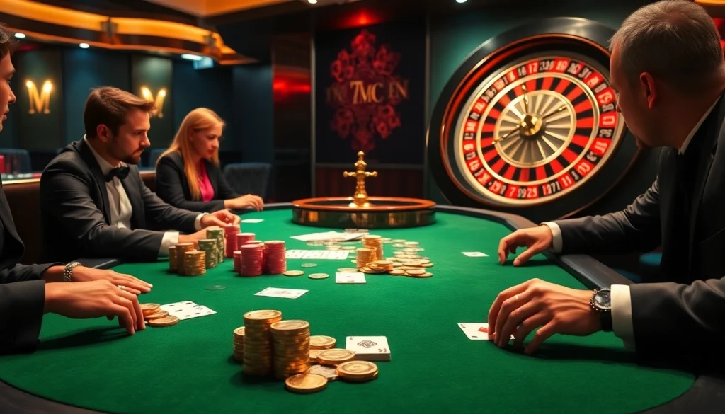 A professional poker game setting at a casino featuring 7mcn poker chips and cards on an elegant table.