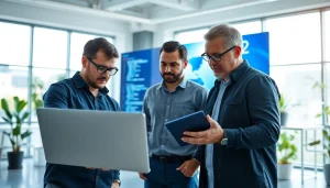 Hire .Net cloud developers collaborating on innovative solutions in a modern workspace.