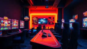 Menggambarkan pengalaman bermain slot deposit 1000 dengan pengaturan gaming modern dan cerah.