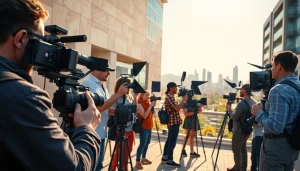 Dynamic scene of a Video Production Company Phoenix filming in an urban setting, showcasing teamwork and creativity.