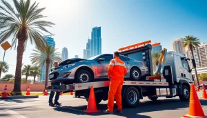 Car recovery service at https://trtrecoveryuae.com with a towing truck assisting a broken-down vehicle in Dubai.