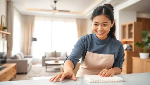 Myanmar maid expertly cleaning a modern home, showcasing dedication and attention to detail.