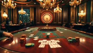Players engaging at an extravagant baccarat table at XX88 casino, showcasing strategic gameplay excitement.