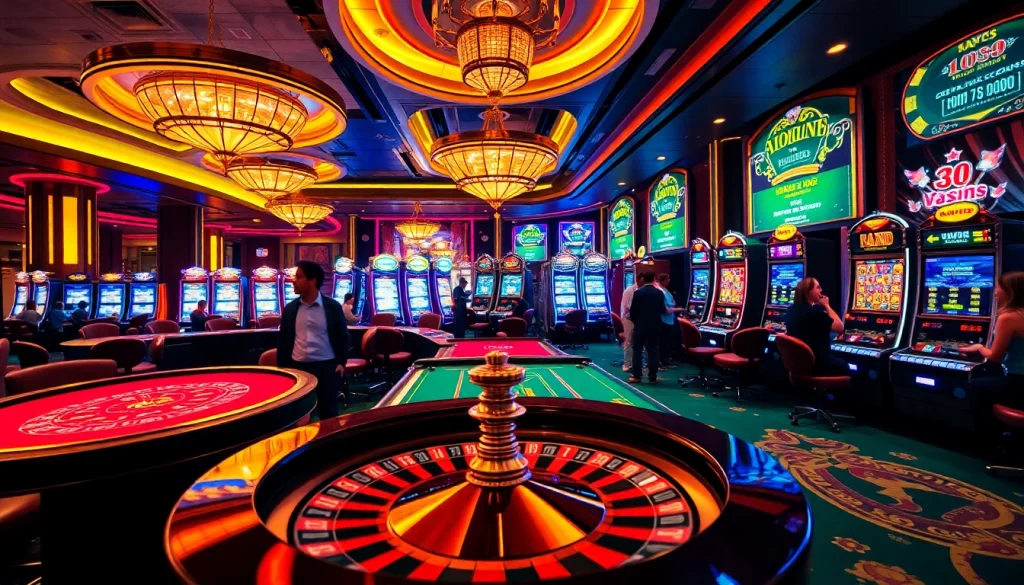 Experience the excitement of 79king with players and vibrant slot machines in a lively casino atmosphere.