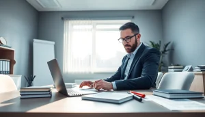 Certified translator at work in a professional office, perfect for promoting beëdigd vertaler services.