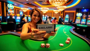 Excited player holding khela88 voucher code in a lively casino setting.