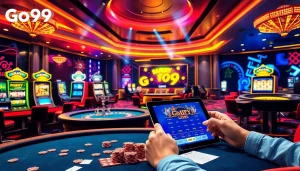Engaging scene of nhà cái Go99 with poker tables and slot machines showcasing online gambling excitement.