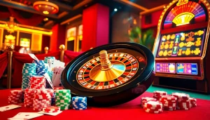 Exciting gambling scene featuring roulette, poker chips, and slot machines at https://w88com.online/.