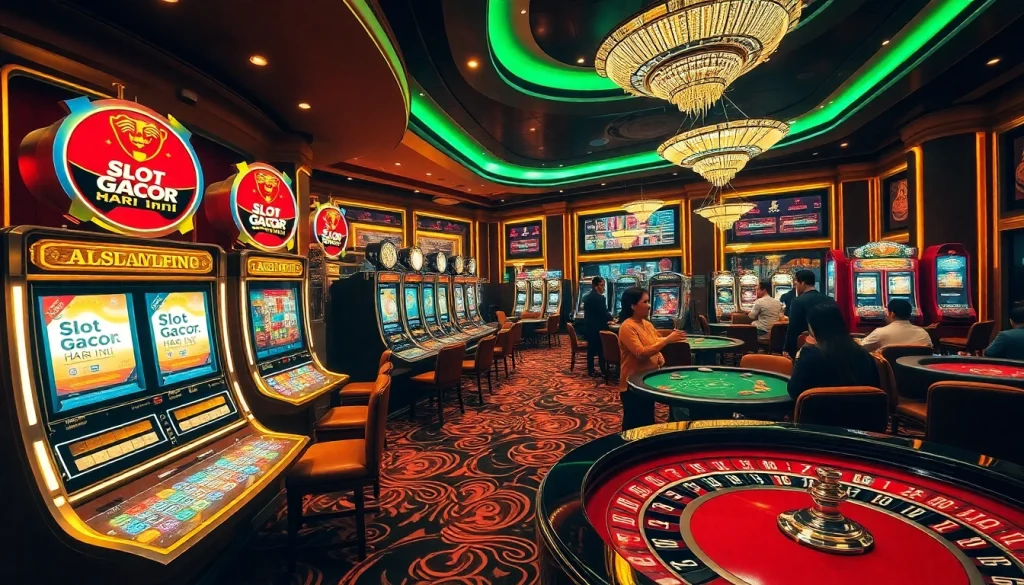 Experience thrilling Slot Gacor Hari ini with players celebrating wins at vibrant, luxurious casino machines.