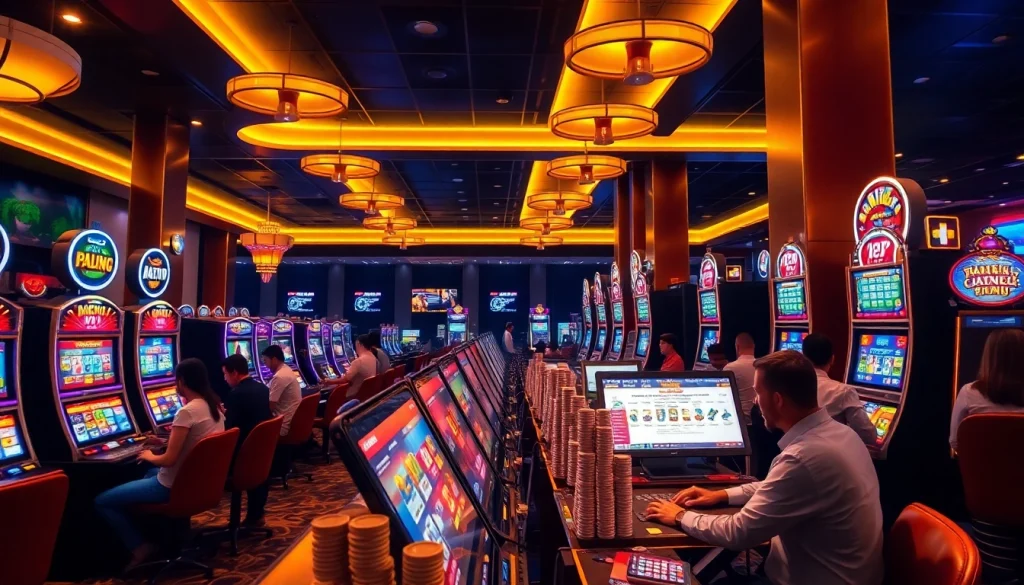 Experience the excitement of 78winbiz.com with vibrant gaming scenes and players at modern casino machines.