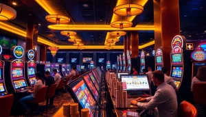 Experience the excitement of 78winbiz.com with vibrant gaming scenes and players at modern casino machines.