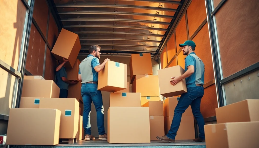 Movers expertly handling furniture and boxes during a professional relocation.