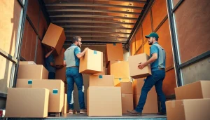 Movers expertly handling furniture and boxes during a professional relocation.