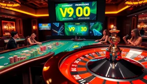 Excited players engaging in V9 bet casino games at a luxurious casino table with cards and chips.