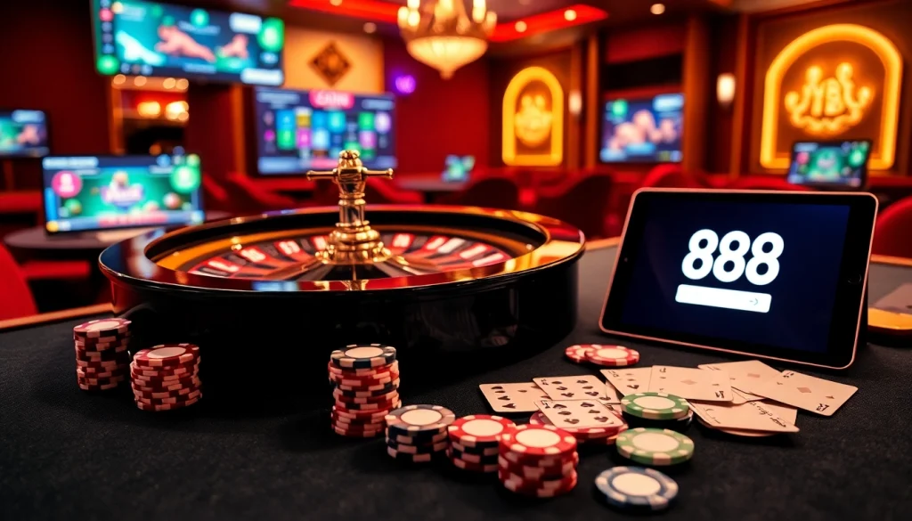 Engaging scene highlighting the excitement of online gambling at đăng nhập 888b with luxurious casino elements.