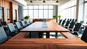 Elegant conference tables set in a professional office environment with ergonomic chairs.
