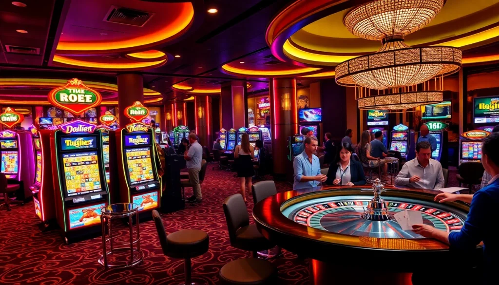 Experience the thrill of Tha bet at a vibrant casino with lively slot machines and roulette tables.