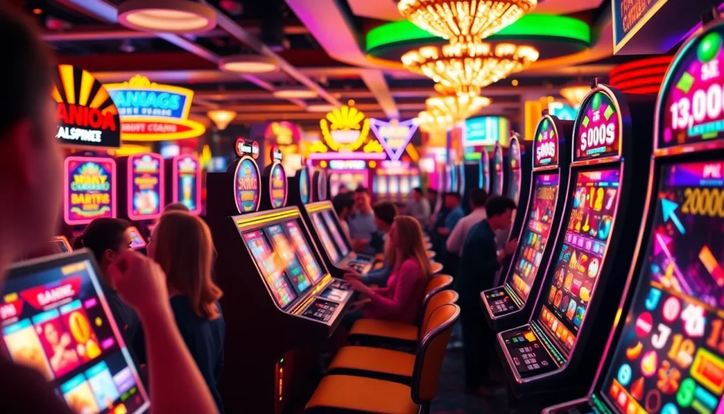 Menampilkan pengalaman luar biasa slot deposit 5000 dengan mesin slot berwarna-warni dan pemain yang antusias.