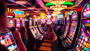 Menampilkan pengalaman luar biasa slot deposit 5000 dengan mesin slot berwarna-warni dan pemain yang antusias.