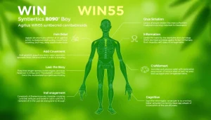 Infographic detailing win55 effects on cannabinoid receptors and pain relief benefits.