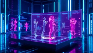 AI sex represented through a futuristic digital landscape with holographic interactions