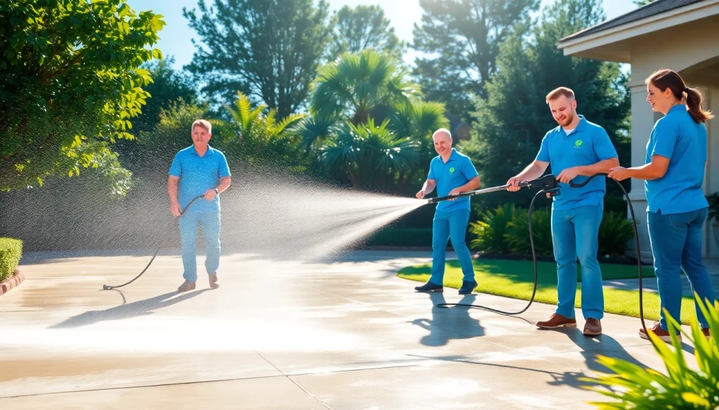 Pressure wash team cleaning a driveway in Kissimmee, FL, showcasing effective exterior cleaning.