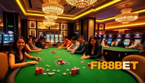 Experience luxury gaming at F88BET's vibrant casino, showcasing tables and slot machines.